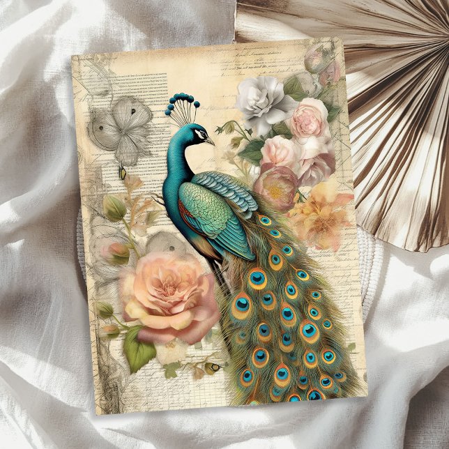 Papel De Seda Elegantes rosas de pavo real y rubor (Elegant vintage peacock and blush roses tissue paper)