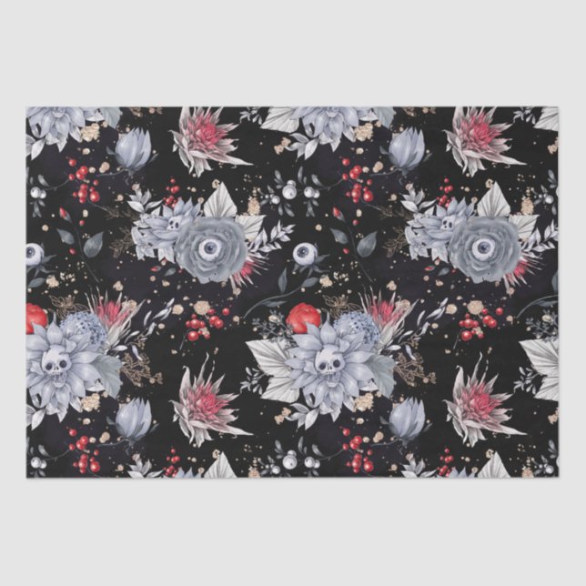 Papel De Seda Elegantes Rosas del cráneo Coffin Plata Negro (Anverso)