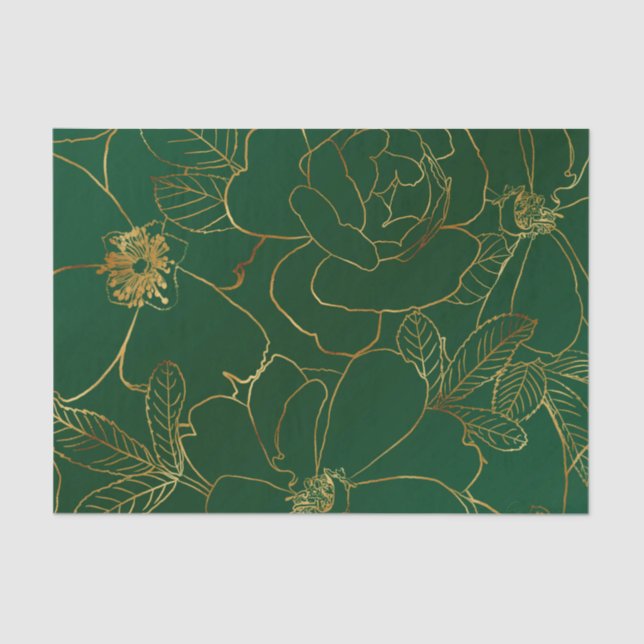 Papel De Seda Elegantes Rosas del Oro Verde Dibujo de Línea Flor (Anverso)