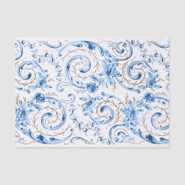 Papel De Seda Elegantes Rosas y pergaminos victorianos azules (Anverso)