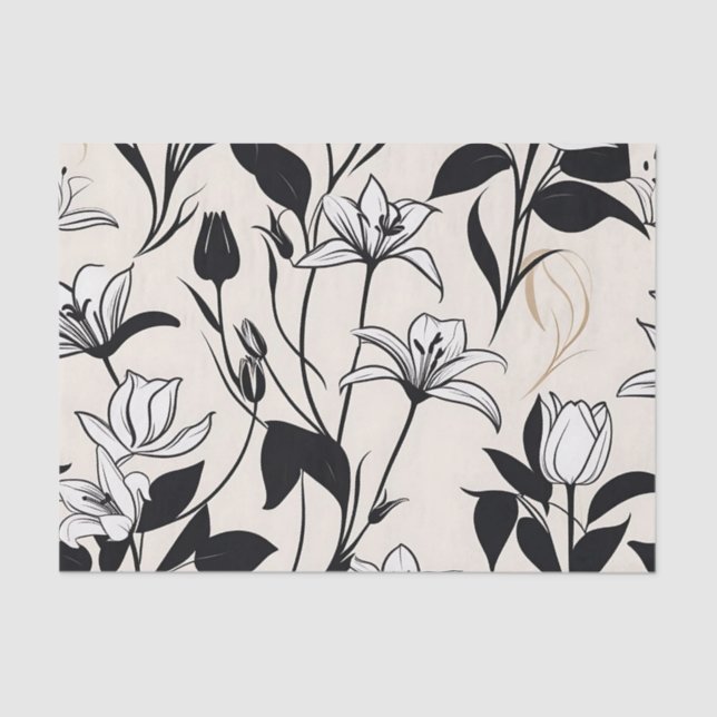 Papel De Seda Elegantes siluetas florales blancas y negras (Anverso)