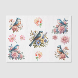 Papel De Seda Elementos de flores y pájaros de primavera en acua