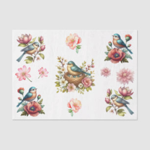 Papel De Seda Elementos de flores y pájaros de primavera en acua
