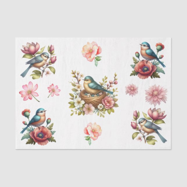 Papel De Seda Elementos de flores y pájaros de primavera en acua (Anverso)