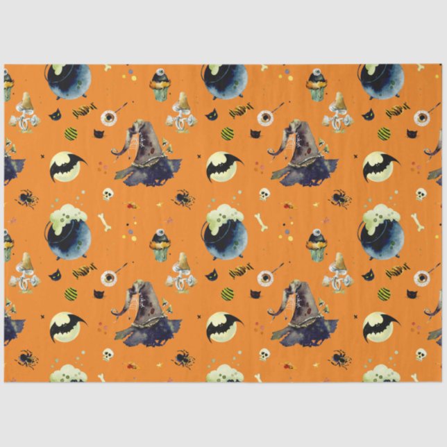 Papel De Seda Elementos de Halloween sobre Naranja (Anverso)