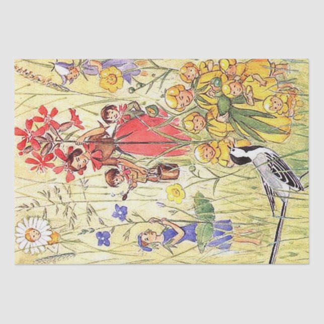 Papel De Seda Elsa Beskow Whimsical Flower Chicas de Meadow (Anverso)