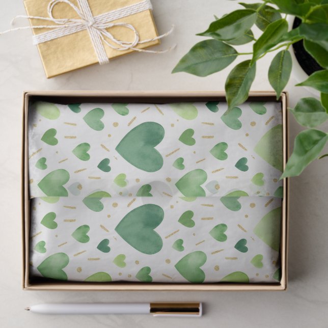 Papel De Seda Emerald Watercolor Hearts & Gold Leaf (Regalo )
