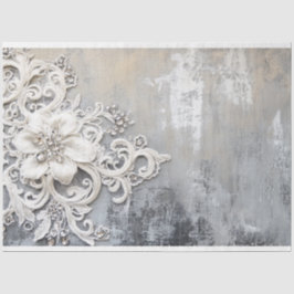 Papel De Seda Encaje Floral Blanco Desgastado Bordado con Pátina