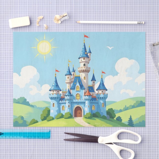 Papel De Seda Encantador castillo azul y blanco (Artesanía)
