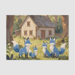 Papel De Seda Encantadora Cabaña de la Familia de Zorros Azules