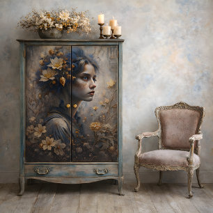 Papel De Seda Encantadora de Otoño Floral Oro Azul Decoupage