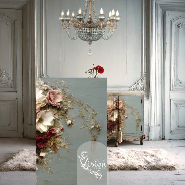 Papel De Seda ENSUEÑO EN FLOR III Encaje y Botánico (Light grey blue Heritage room, chandelier and close up of a botanical mock up poster )