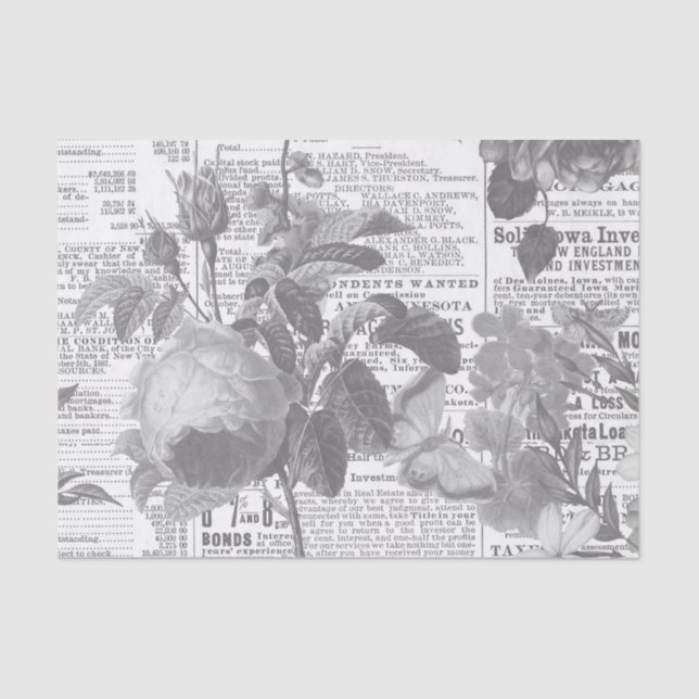 Papel De Seda Ephemera floral de periódico blanco y negro (Anverso)