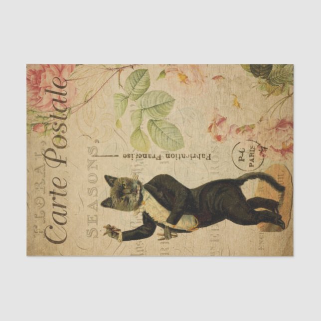Papel De Seda Ephemera Francesa Postcard Dancing Cat Decoupage (Anverso)