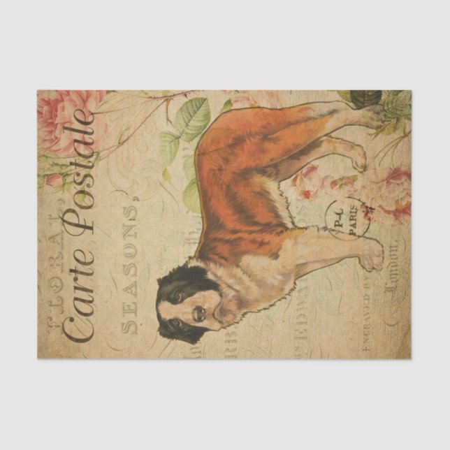 Papel De Seda Ephemera Francesa Postcard Dog Floral Decoupage (Anverso)