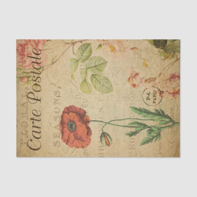 Papel De Seda Ephemera Francesa Postcard Red Poppy Decoupage (Anverso)