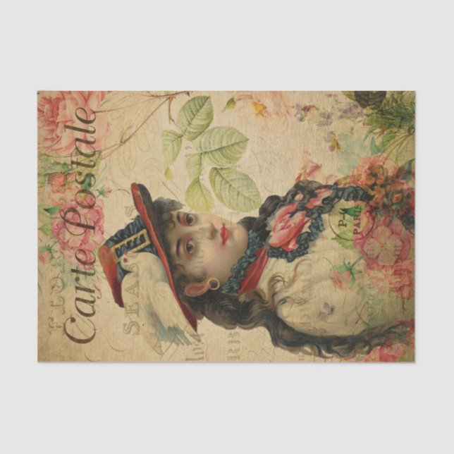 Papel De Seda Ephemera Francesa Postcard Women Decoupage Floral (Anverso)