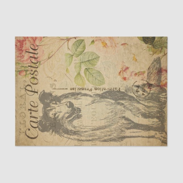 Papel De Seda Ephemera FrenchPostcard Rough Collie Dog Decoupage (Anverso)