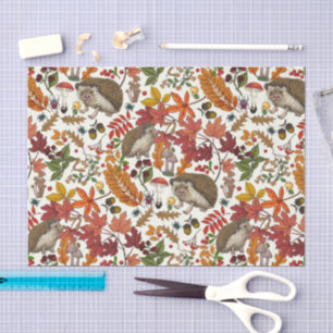 Papel De Seda Erizo y flora del bosque otoñal sobre marfil