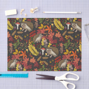 Papel De Seda Erizo y flora del bosque otoñal sobre negro
