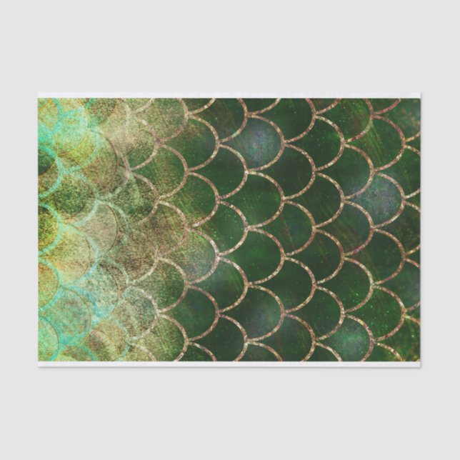 Papel De Seda Escamas de pez de sirena brillo verde y dorado (Anverso)
