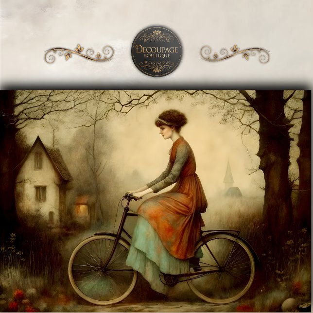 Papel De Seda Escena de Decoupage de Cabaña de Bicicleta de Muje (Vintage Woman Bicycle Cottage Scene Decoupage Tissue Paper)
