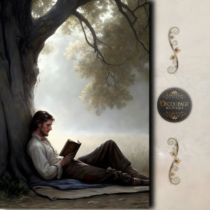 Papel De Seda Escena de decoupage de hombre leyendo bajo un árbo