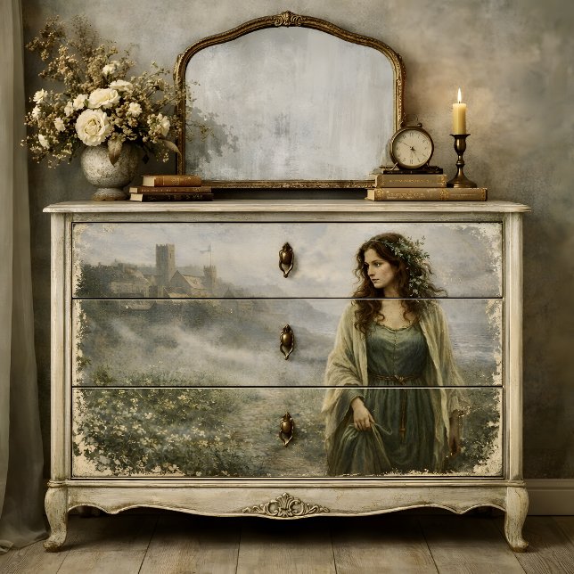 Papel De Seda Escena de decoupage de pueblo de mujer medieval (Medieval Woman Village Landscape Scene Decoupage Tissue Paper Mockup)