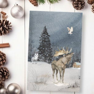 Papel De Seda Escena de lobo alce de acuarela de paisaje inverna