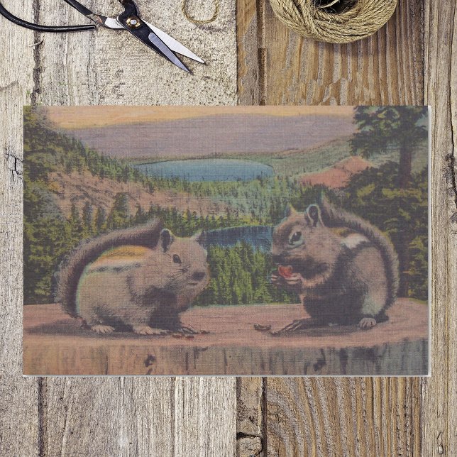 Papel De Seda Escena de montaña de ardillas antiguas (Two chipmunks sitting on tree stump against mountain setting on wrapping tissue paper.)