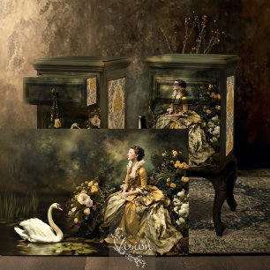 Papel De Seda Escena de paisaje floral de cisne dorado de dama b