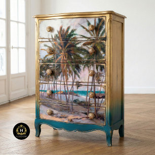 Papel De Seda Escena de playa con palmeras tropicales vintage de