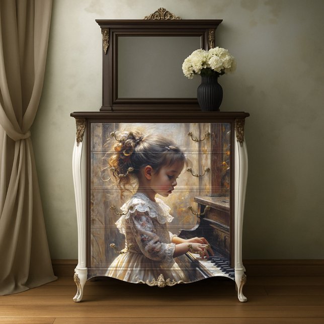 Papel De Seda Escena musical de cuento romántico de chica de pia (Little Girl Playing The Piano Decoupage Tissue Paper )