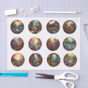 Papel De Seda Escenas de jardín individuales en vidrio tintado d