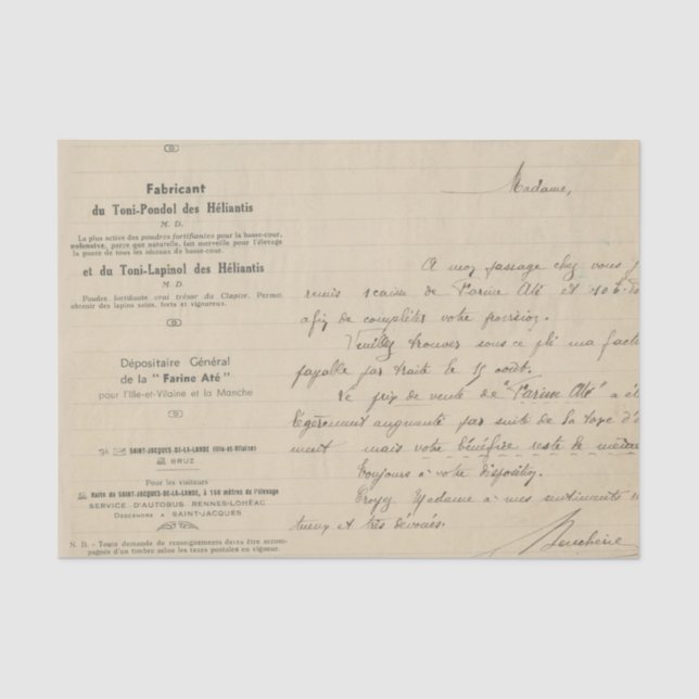 Papel De Seda Escritura a mano francesa vintage (Anverso)