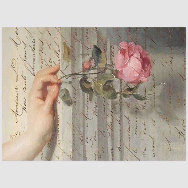 Papel De Seda Escritura a mano francesa y Rosa de época (Anverso)