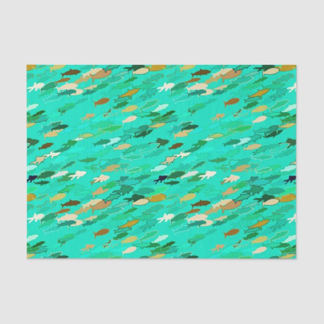 Papel De Seda Escuela de Pescado, Aqua, Verde y Oro (Anverso)