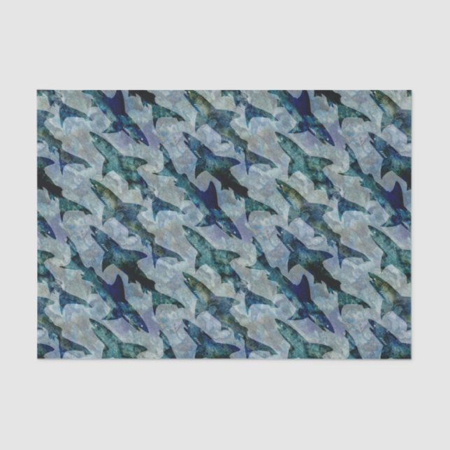 Papel De Seda Escuela de tiburones en azul acuoso (Anverso)