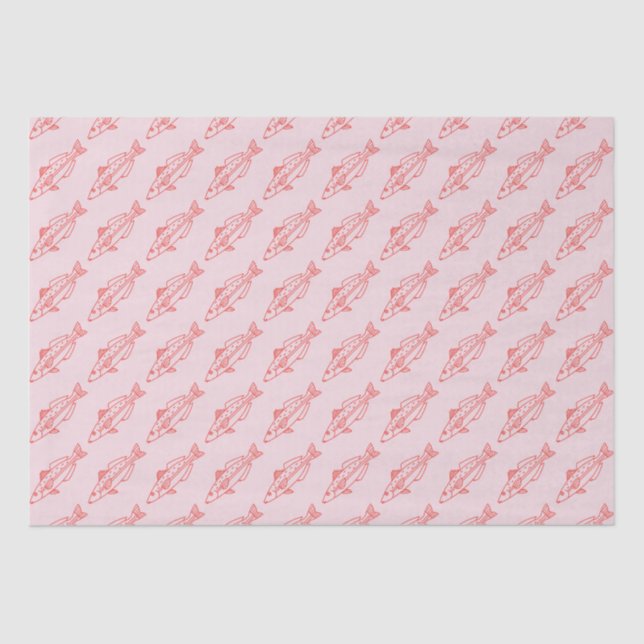 Papel De Seda Escuela oriental con peces blancos en rojo con ros (Anverso)