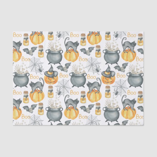 Papel De Seda Espectacular auldron de Halloween y patrón de gato (Anverso)