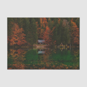 Papel De Seda Espectacular bosque otoñal con cabaña y lago
