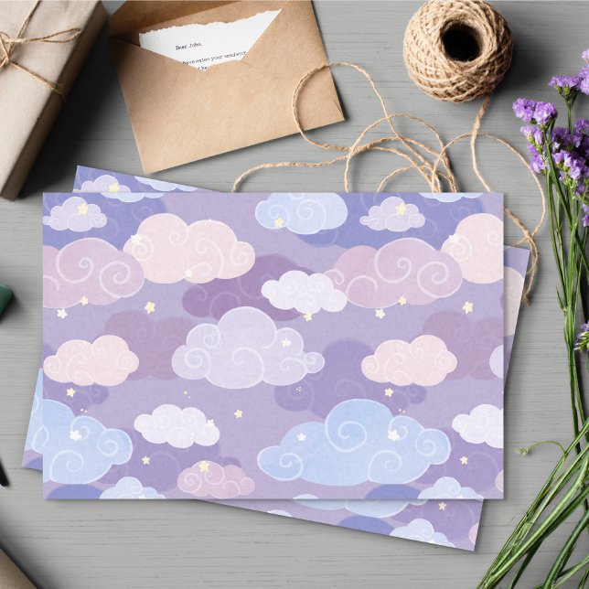 Papel De Seda Espectacular patrón de nubes pasteles y estrellas (Whimsical Clouds Tissue Paper)