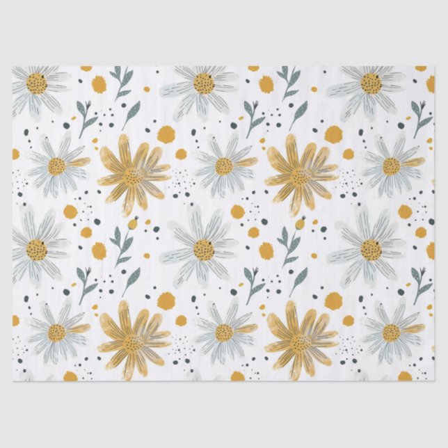 Papel De Seda Espectacular patrón floral blanco y amarillo (Anverso)