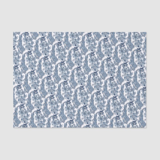 Papel De Seda Espectacular patrón floral de conejo azul blanco (Anverso)