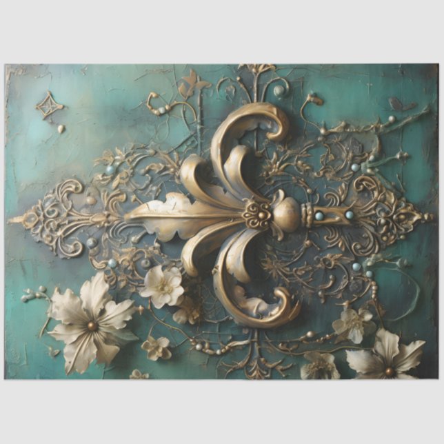 Papel De Seda Espectáculo dorado barroco adorno esmeralda verde (Anverso)