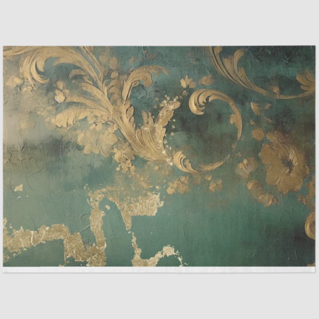 Papel De Seda Espectáculo dorado barroco adorno esmeralda verde (Anverso)