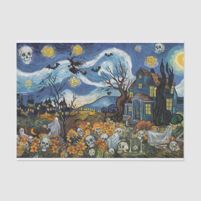 Papel De Seda Espeluznante casa embrujada con el cráneo fantasma (Anverso)