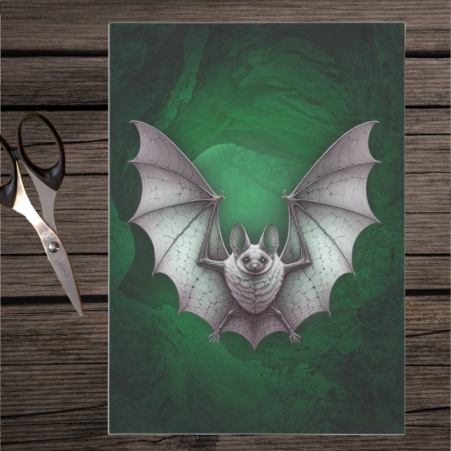 Papel De Seda Espeluznante murciélago gris brillantes árboles de (Spooky grey bat flying of glowing green cave on Halloween tissue paper.)