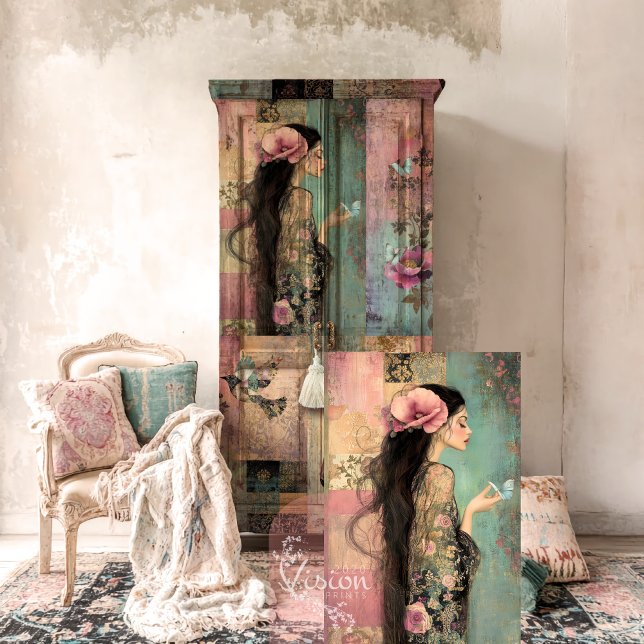 Papel De Seda Espíritu libre Retrato caprichoso, mosaico y flora (Pink, black & green, Whimsical Portrait, Vintage patchwork & Floral decoupage tissue paper)