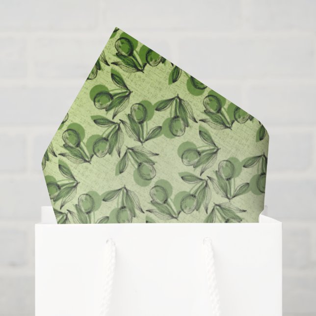 Papel De Seda Estampado de aceituna verde y hoja sobre verde cla (Bolsa de regalo)